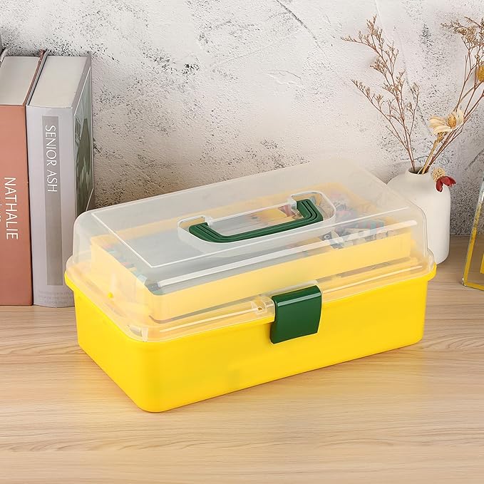 BTSKY 3-Layer Plastic Dividing Storage Box Craft Organizer with Adjustable Spacers Portable Handled Art Supply Organizer Mult