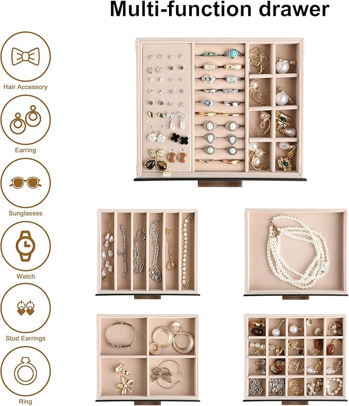 Frebeauty Clear Lid Jewelry Box,5-Layer Jewelry Organizer with Drawer,PU Leather Jewelry Organizers and Storage,Jewelry Boxes