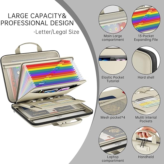 Fireproof File Organizer,Fireproof Document Box with Lock,Large 13 Pocket Expanding File Folder,Hard-Shell Portable Safe Stor