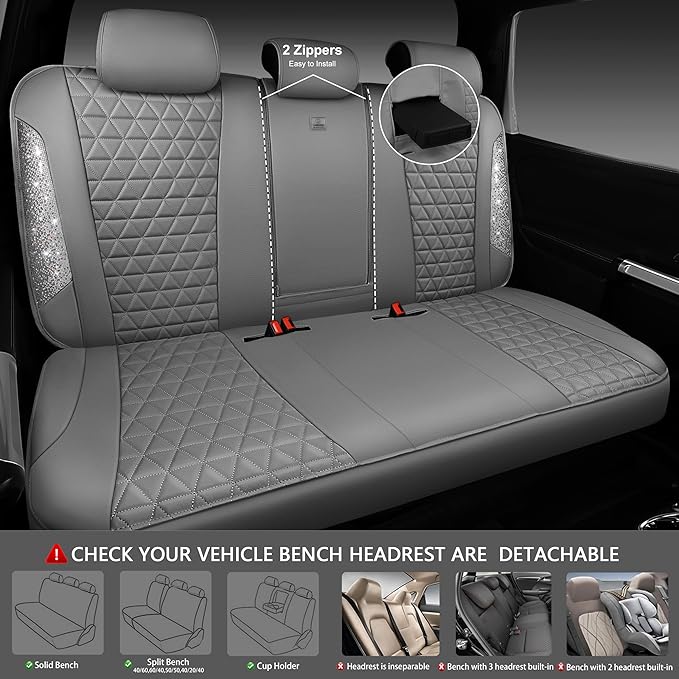 CAR PASS Bling Diamond Gray Leather Car Seat Covers Full Sets Interior Sets, Waterproof Shining Glitter Sparkly Crystal Unive