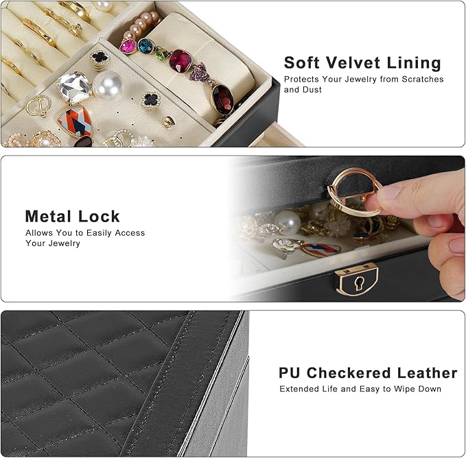 3-Layer Jewelry Box for Women, Jewelry Organizers and Storage with Removable Jewelry Tray, Vintage Quilted Top Lockable Jewel