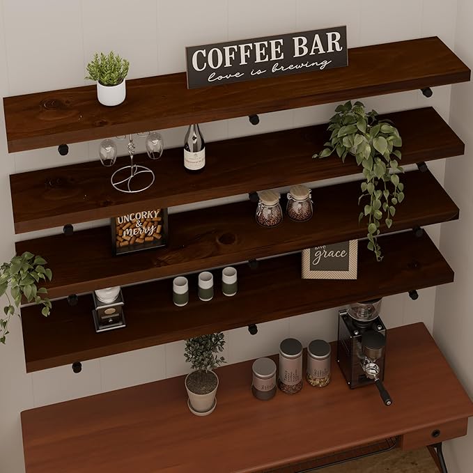 Industrial Pipe Wall Wood Shelves,Real Wooden Shelves 60" in Walnut Color with 11.8" Extra Width, Modern Floating Shevles Boo