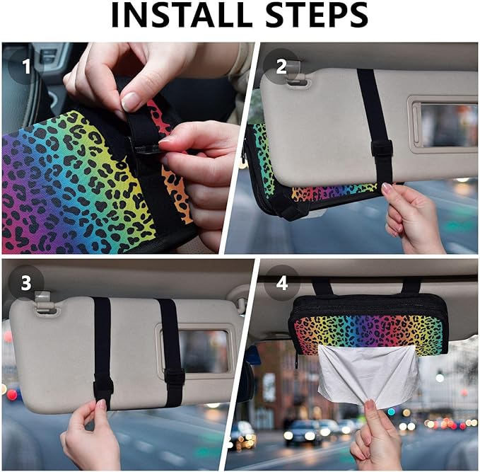Car Tissue Holder Car Visor Organizer Tissue Box Holder for Car Sun Visor Organizer with Car Vehicle Accessories Essentials Interior for Women Men Rainbow Leopard Print