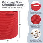 MEGASKET Extra Large Red Basket for Organizing, 22" X 22" X 14" Woven Cotton Rope Bins for Blankets, Baby Nursery Wicker Laun