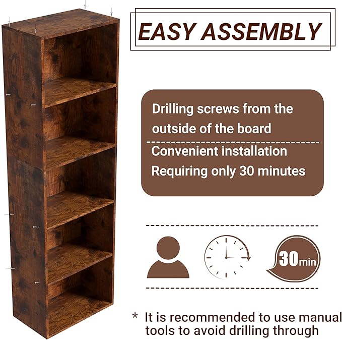 Wooden 5 Cube Storage Organizer, Vintage Brown 5 Tier Bookcase Bookshelf Freestanding Storage Display Organizer,Versatile Cub