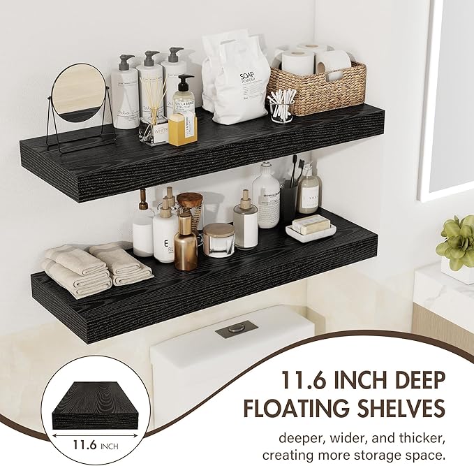24 Inch Floating Shelves, 12" Deep Floating Shelf Wall Mounted, 24" Wall Shelves, Rustic Deep Bookshelf, Extra Deeper & Thick