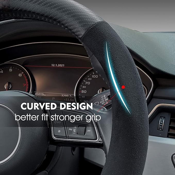 Carodi Suede Carbon Fiber Steering Wheel Cover Car Non-Slip Leather Car Interior Fitting 15-inch Universal（D-Shape,Black ）