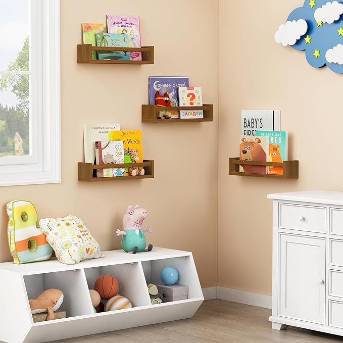 Forbena Walnut Brown Nursery Bookshelf Wall Mounted, Wooden Floating Book Shelves for Wall, Nursery Hanging Bookshelves for B