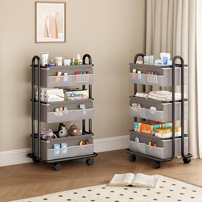 3-Tier Baby Diaper Caddy Organizer Cart, Mobile Nursery Storage Carts with Wheels, 3 Dividers & 6 Mesh Pockets Durable Metal 