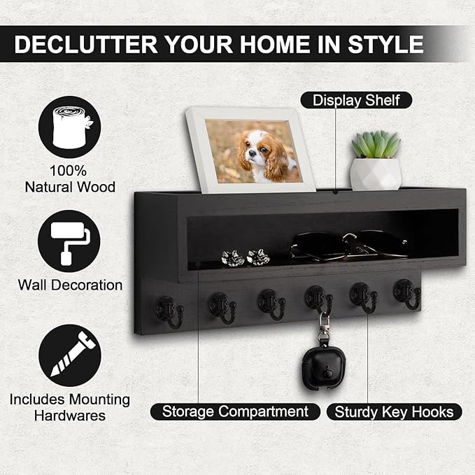 Key and Mail Holder Wall Mount, Key Hanger with Long Storage Box and 6 Hooks for Coat, Dog Leash, Home Decor Rack, House Acce
