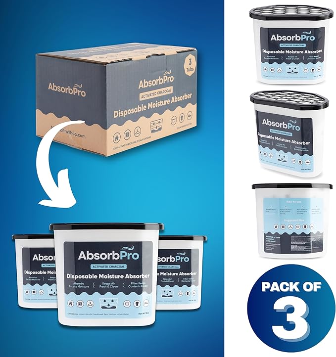 Moisture Absorber Tub with Activated Charcoal - 3-Pack - 18 oz Disposable Odor Eliminator Box & Dehumidifier for Garage,