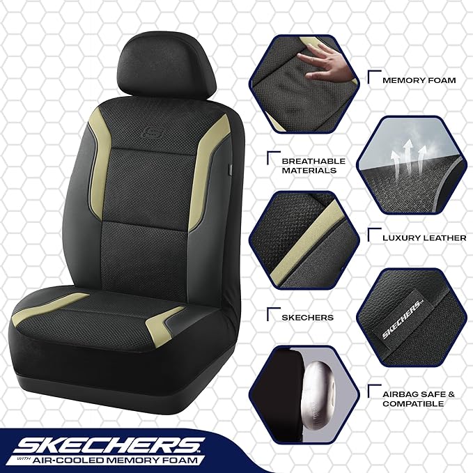 Skechers Memory Foam Car Seat Covers, Air Cool Mesh Thick Seat Covers, Car Seat Full Sets Airbag Compatible, Automotive Comfo