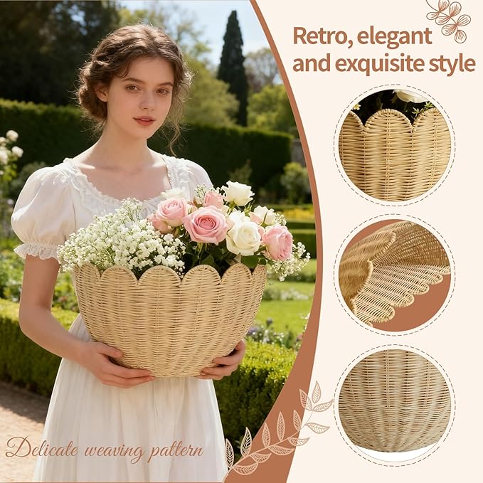 Scalloped Wicker Wall Basket - Rattan Hanging Storage Organizer, Decorative Basket for Nursery, Bathroom, Front Door, 16"×10"