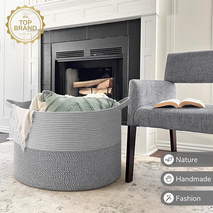 INDRESSME 115L Extra Large Blanket Basket, Cotton Rope Basket for Nursery Living Room, Decorative Woven Storage Baskets with 
