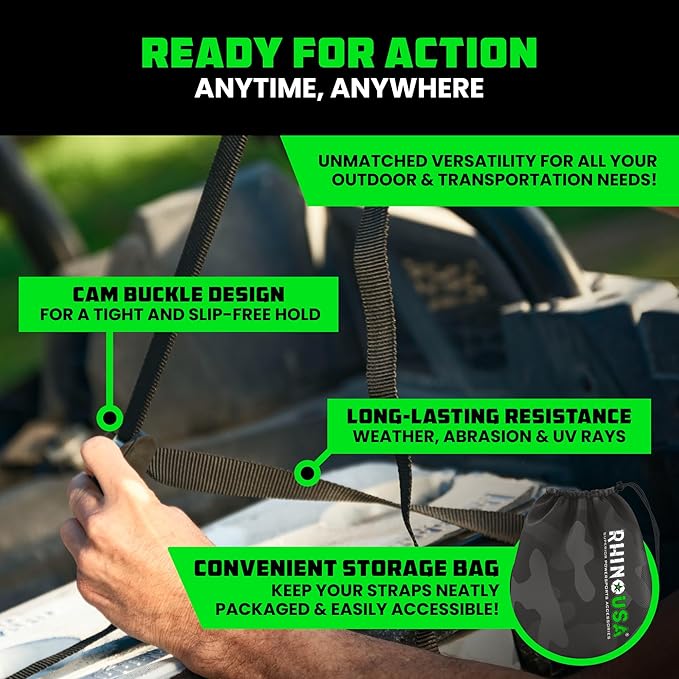 Rhino USA Lashing Straps Cargo Tie Downs (4PK) - 1,320lb lab Inspected Max Break Strength, Includes (4) Heavy Duty 1in x 12ft Cam Buckle Pull Straps. Best for Kayak, Cooler, Cargo