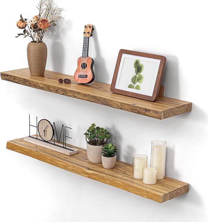 Dreamland Wood Floating Shelves 36 Inch Long, Rustic Solid Elm Wood Live Edge Shelves for Home Decor, 8 Inch Deep Wall Shelf 
