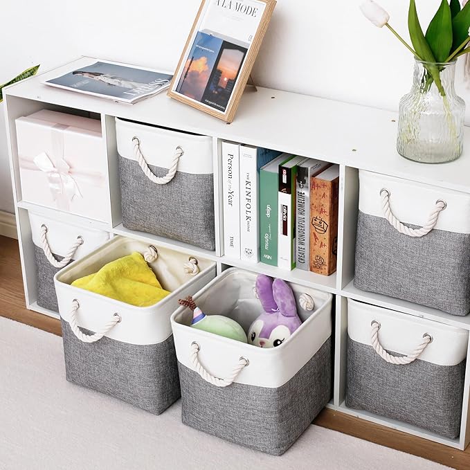 11 x 11 Inch Storage Cubes, 6 Pack Large Collapsible Fabric Storage Bin with Ropes, Foldable Storage Cubes for Home, Office,C