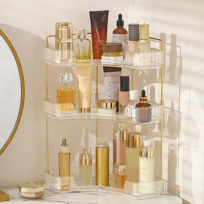 Aveniee Corner Bathroom Counter Organizer, Bathroom Countertop Shelf Makeup Storage, Clear Perfume Tray Holder (3 Tiers, Whit