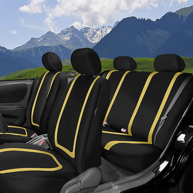 FH Group Unique Flat Cloth Full Set Car Seat Covers w. Silicone Steering Wheel Cover- Universal Fit for Most Cars, Trucks, SUVs or Vans (Yellow/Black)