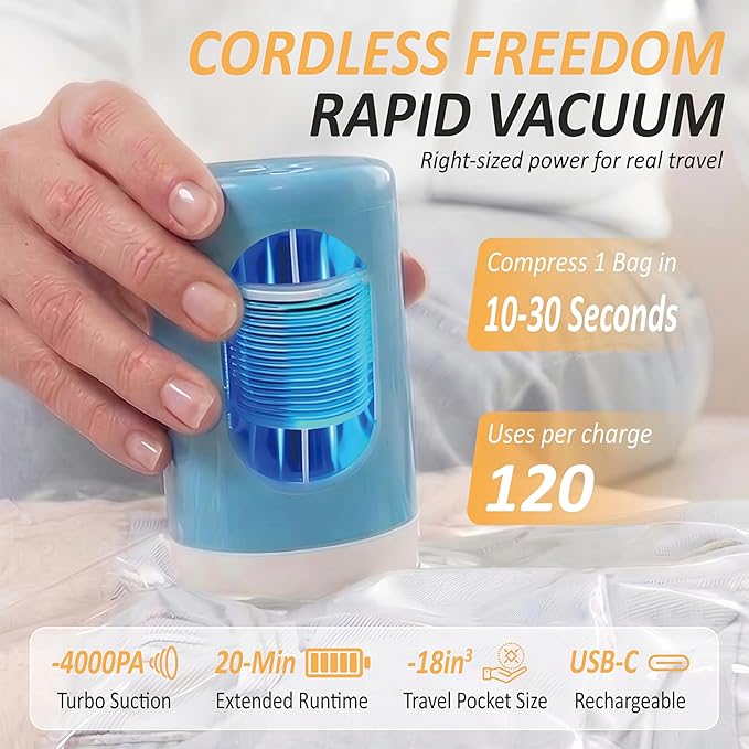 Cozy Essential Travel Vacuum Storage Bags with Rechargeable Cordless USB Pump, Space Saver Bags for Luggage, Suitcase, Carry-