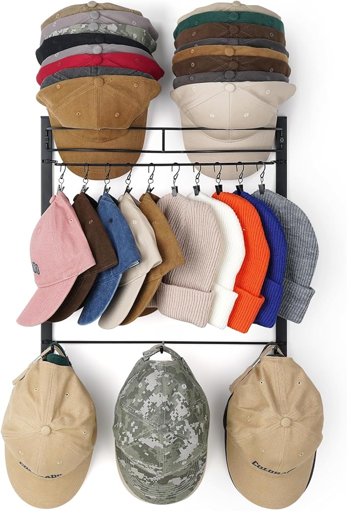 Hat Rack for 45 Baseball Caps with 10 Clips 3 Tier Hat Organizer for Wall Multi-functional Hat Hanger Metal Hat Holder at Clo