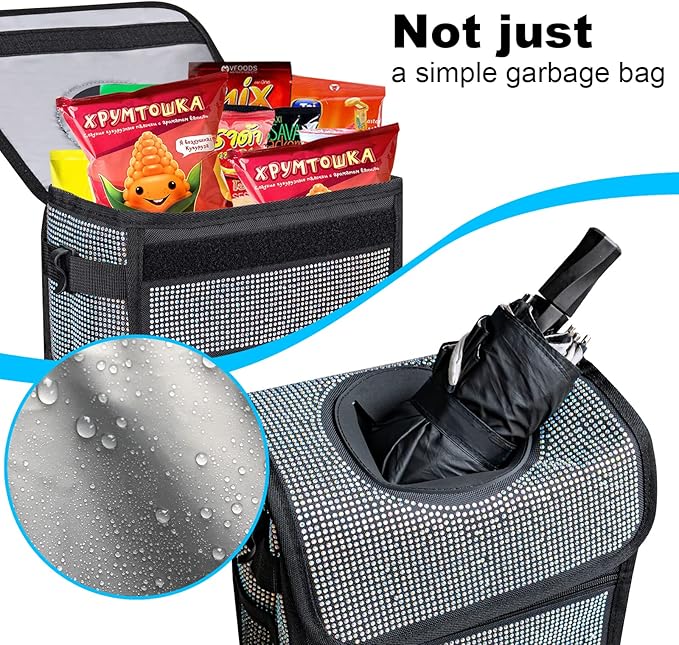 Ovege Car Trash Can Bling Accessories Interior Garbage Can with Lid Waterproof for Cars SUV (Large, 3 gallons)