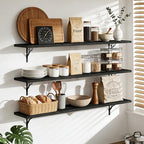 48Inch Solid Pine Wood Floating Shelves Set of 3, Black Wood Wall-Mounted Storage Shelves with Heavy-Duty Metal Brackets | De