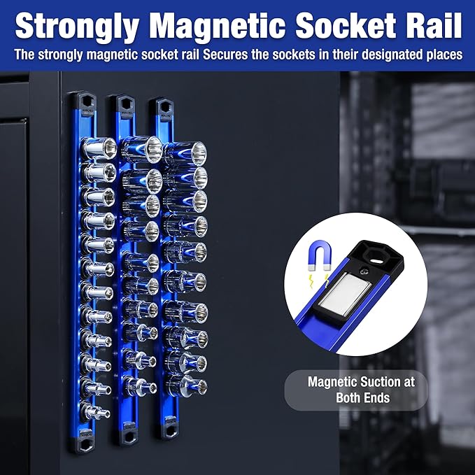 WORKPRO Magnetic Socket Organizer Set, 3-Piece Aluminum Alloy Socket Rail, Heavy Duty Socket Holder, Socket Rack Kit 1/4-Inch