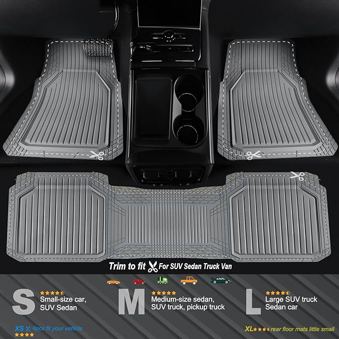 CAR PASS Heavy Duty Rubber Floor Mats for Car, Waterproof Liner Deep Dish Car Mats Full Sets, Universal Trim to Fit for SUV Truck Sedans Vans, All Weather Automotive Floor Mats 3pcs, Solid Gray