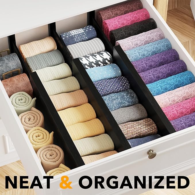 SpaceAid Bamboo Dresser Drawer Dividers 6 Pack, 4.65“ High Adjustable 12.5“-17” Drawer Organizers, Expandable Organization fo