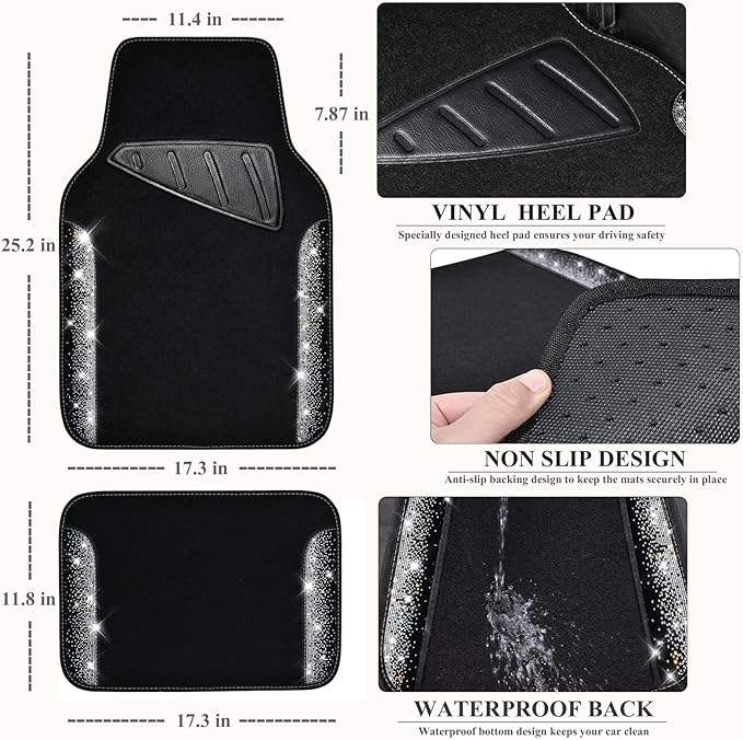 CAR PASS Leather Bling Diamond Car Seat Covers Front & Waterproof Rhinestone Car Floor Mats 4pcs & Sparkly Steering Wheel Cov