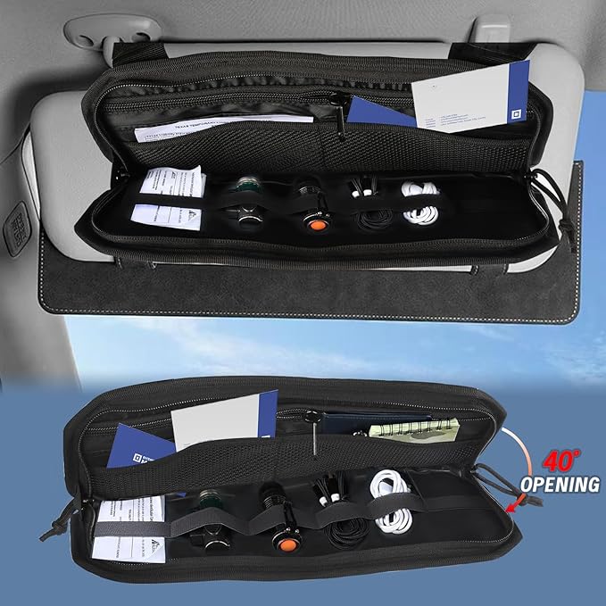 Car Sun Visor Organizer with 3 Extended Straps, Tactical Visor Molle Panel for Trucks SUVs, Heavy Duty 1000D Nylon Storage Pouch for Sunglasses, Cards, EDC Gear, Black