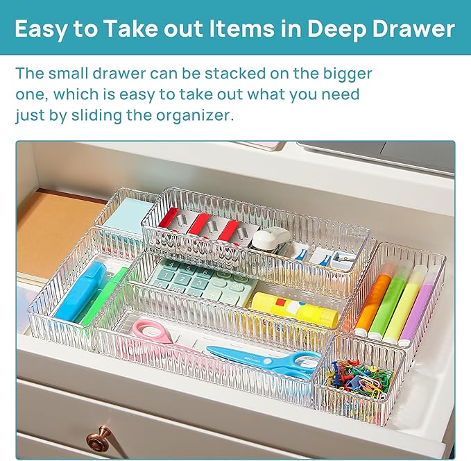 Vtopmart 7 PCS Clear Drawer Organizers Bins, 4-Size Stackable Makeup and Vanity Drawer Organizer Trays, Acrylic Bathroom Draw