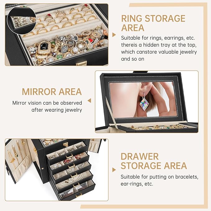 AKOZLIN 6-Tier Jewelry Box Organizer Functional 5 Drawers Leather Jewelry Storage Case for Women Girls Ring Necklace Earring 