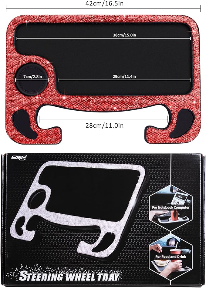 eing Bling Auto Steering Wheel Desk, Laptop,Tablet, Notebook Car Travel Table, Food Eating Hook On Steering Wheel Tray, for Constant Travelers, Fits Most Vehicles Steering Wheels,Red