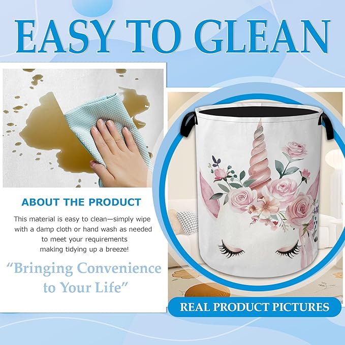 Cute Unicorn Laundry Basket Collapsible Laundry Hamper Clothes Toy Storage Bin for Bathroom Bedroom Room Decor 16" X 20.8"