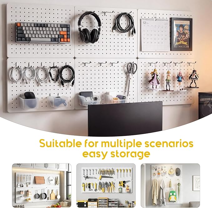Peg Board for Tools, 6 Pack Metal Pegboard Wall Organizer with Hooks,16"×12" White Pegboard Panels for Walls Home, Garage Too