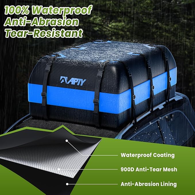 21 Cubic Feet Car Rooftop Cargo Bag Carrier, Soft Roof Top Luggage Bag for All Vechicles with/Without Racks - with Waterproof Zip, Luggage Lock, Anti-Slip Mat, Storage Bag, Door Hooks, Blue