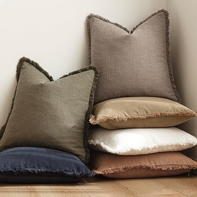 Foindtower Set of 2 Decorative Linen Fringe Throw Pillow Covers Boho Farmhouse Cushion Cover with Tassels Soft Accent Pillowc