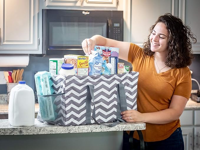Extra Large Utility Tote Bag - Oversized Collapsible Reusable Wire Frame Rectangular Canvas Basket With Two Exterior Pockets For Beach, Pool, Laundry, Car Trunk, Storage - Chevron Gray