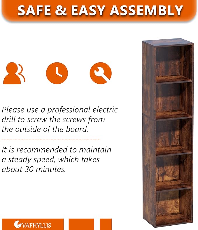 Book Shelf, 5 Cube Storage Organizer, Open Shelves Bookcase 9.3" x 11.8" x 52", Bookshelf for Living Room, Bedroom, Home Offi
