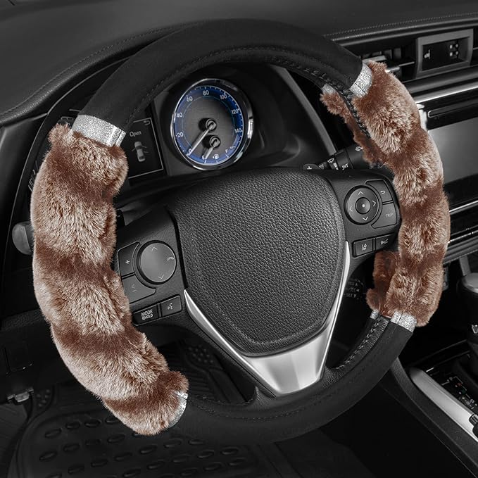 BDK Bear Fur Steering Wheel Cover, Plush Faux Fur Fuzzy Steering Cover for Car Truck Van SUV, Standard Size Fits Wheels 14.5-
