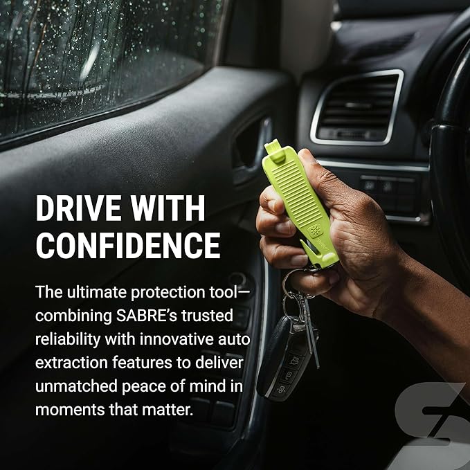 Sabre Safe Escape™ 3-in-1 Car Escape Tool for Car Safety with Spring-Loaded Window Breaker, No Swing Required, Seat Belt Cutt