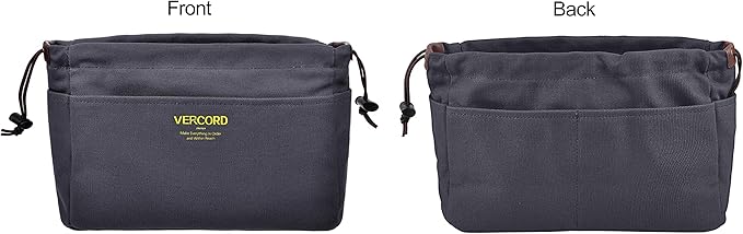 Vercord Canvas Handbag Organizers, Sturdy Purse Insert Organizer Bag in Bag, 10 Pockets Grey Large