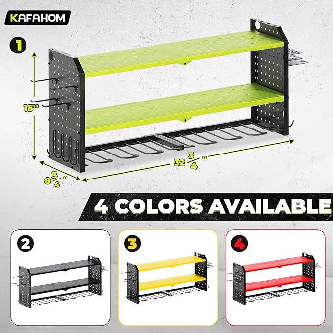 KAFAHOM Power Tool Organizer, Large 8 Drill Holder Wall Mount with 2 Side Pegboards, Heavy Duty Metal Tool Shelf with 12 Hook
