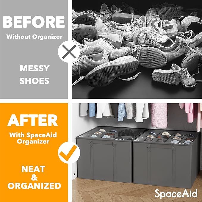 SpaceAid Shoe Organizer for Closet, 2 Pack Foldable Shoe Storage Containers Baskets Boxes Bins w/Adjustable Dividers, Fits 16