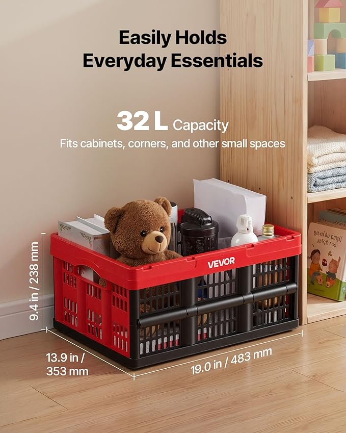 VEVOR Plastic Collapsible Storage Bins, 32L 3 Packs, Stackable Folding Storage Crates with Handles, Holds 26 lbs Per Bin, Fol