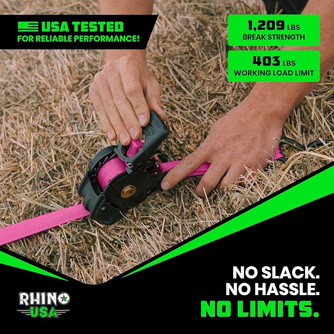 Rhino USA Retractable Ratchet Straps (2-Pack) - 1 Inch x 10 Feet (1,209lb Break Strength) - Auto Self Retracting Tie Down Straps for Truck, Cargo Trailer, Motorcycle, ATV, UTV - Pink