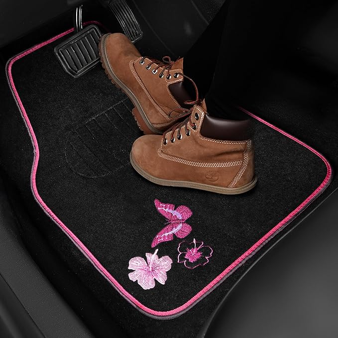 CAR PASS Embroidery Butterfly and Flower Car Floor Mats, Pink Car Floor Mats Universal Fit 95% Automotive,SUVS,Sedan,Vans,for