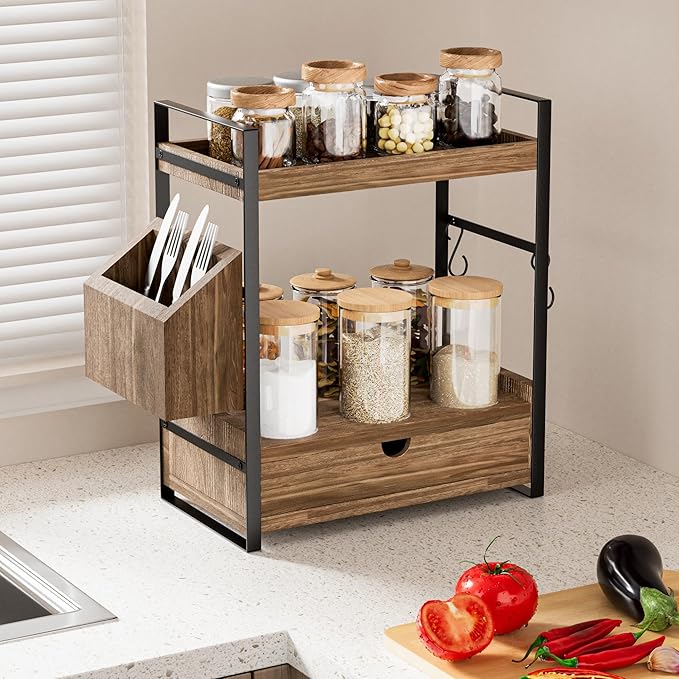 2-Tier Bathroom Counter Organizer with Drawer and Basket, Wood Countertop Organizer for Storage, Skincare Organizers for Vani